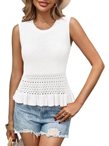 Saodimallsu Womens Crochet Crop Tank Tops Sleeveless Crew Neck Ruffle Summer Boho Knit Sweater Vest White