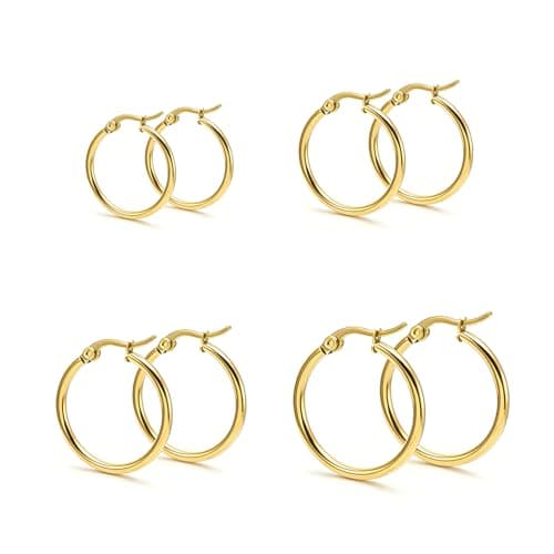 4 Pairs 316L Surgical 14K Glod Hoop Huggie Earrings for Women Men, Stainless Steel Cartilage Tiny Multiple Piercing Hypoallergenic Small Hoops Lightweight Set Jewelry 10/12/14/16mm