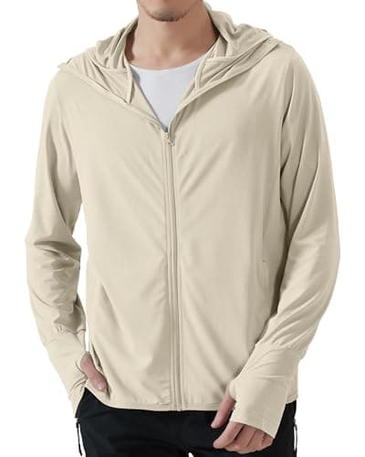 Locachy Men's UPF 50+ Sun Protection Outdoor Lightweight Full Zip Hoodie Jacket Long Sleeve Fishing Hiking Performance Shirt Light Khaki L
