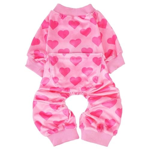 PUPTECK Soft Fleece Pink Heart Dog Pajamas for Small Medium Dogs, Dog Onesie Puppy Sweaters Clothes Jumpsuit Pjs, Cute Jammies Cat Coat Pet Costume Apparel