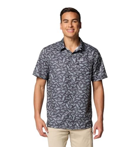 Columbia Mens PFG Super Slack Tide Camp Shirt, Shark Texas Time, Small