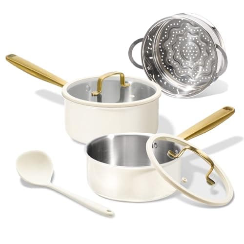 CAROTE 1.5Qt & 3.0Qt Stainless Steel Saucepan Set with Steamer & Ladle, Non-Toxic 3-Ply Pot with Lids, Small Pots for Cooking, Oven Safe, Induction Compatible Cookware