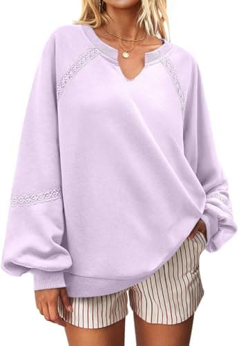 UEU Womens Loose Fit Casual Knit Tops Oversized Crochet Sweatshirt V Neck Long Sleeve Pullover Lightweight Workout Shirt Pink M