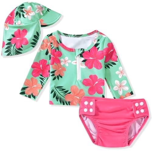 0-3 Months Baby Girl Rash Guard 2 Piece Swimsuit Set Infant Long Sleeve Floral Bathing Suit with Hat Flower Swimming Beach Wear