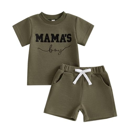 FOCUSNORM Toddler Baby Boy Summer Clothes Embroidered Waffle Short Sleeve T-Shirts Elastic Shorts Newborn Infant Boy Outfits (Mamas Boy Army Green, 6-12 Months)