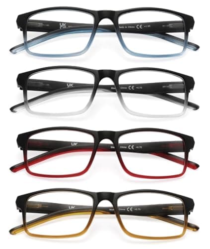 MODFANS Reading Glasses 4 Pack, Blue Light Blocking Readers, Anti Glare, UV Protection, Lightweight Comfortable Unisex Two-Tone Frames with Spring Hinge, Rectangular Design 0.75