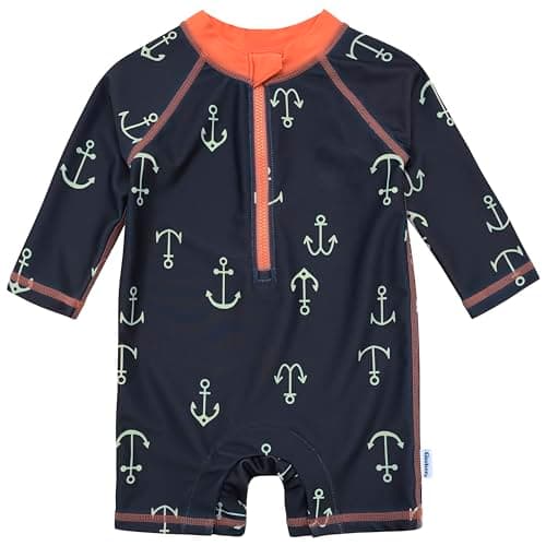 Gerber Baby Boys Toddler Long Sleeve One Piece Sun Protection Rashguard Swimsuit, Blue Anchor, 0-3 Months