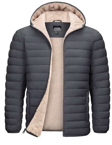 TACVASEN Mens Puffer Jacket with Hood Winter Warm Puffy Jackets Sherpa Lined Insulated Water Resistant Down Coats for Travel Dark gray L