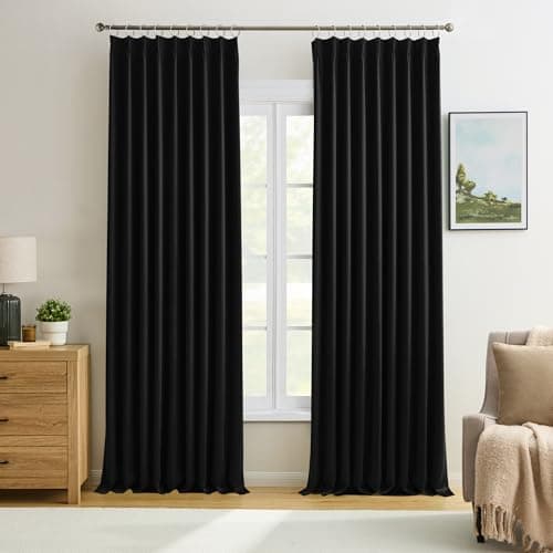 KEQIAOSUOCAI Black Pinch Pleated 60 Inch Wide Curtains 60 x 90, Thermal Insulated Noise Cancelling Living Room Office Drapes 90 Inches Long, Patio Sliding Glass Door Window Curtain 2 Panels