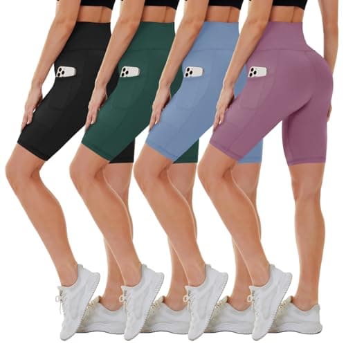 CAMPSNAIL 4 Pack Biker Shorts Women with Pockets – 5"/8" High Waist Tummy Control Workout Gym Yoga Running Compression Shorts