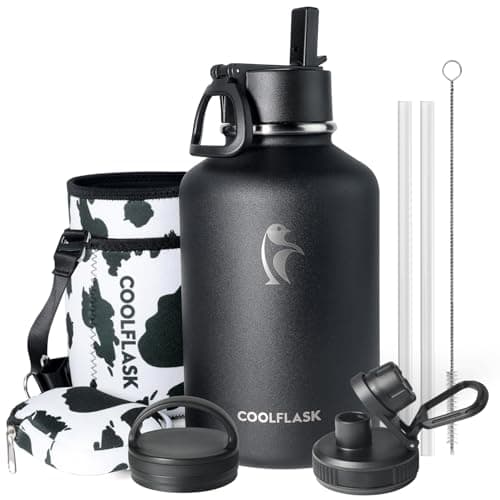Insulated Water Bottle 64 oz with Straw & Sleeve, Coolflask Half Gallon Water Jug 3 Lids Stainless Steel Metal Multifunctional Flask, Keep 48H Cold 24H Hot, Compact OOTD Yoga/Gym Bottle, Chic Cow
