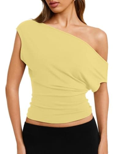 REORIA Womens Cinched Waist Off The Shoulder Tops Y2K Going Out T-Shirts