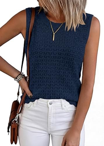 KIRUNDO Crochet Tops for Women 2026 Spring Summer Sleeveless Sweater Vest Tank Top Knit Pullover Beach Vacation Outfits (Navy, Small)