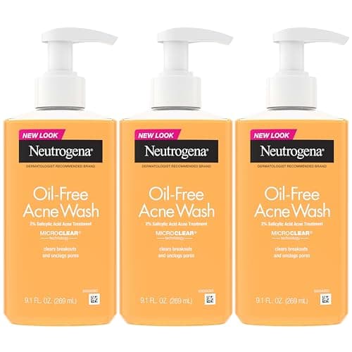 Neutrogena Oil Free Acne Face Wash for Oily Skin, Salicylic Acid Cleanser, Noncomedogenic, Residue Free, Easy Pump Bottles, 9.1 Fl Oz, 3 Count
