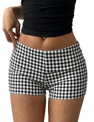 Rapbin Checkered Shorts Women Fold Over Lounge Shorts Skinny Sleep Cute Micro Pj Bottom Sleepwear XS