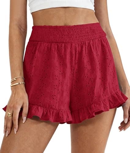 PRETTYGARDEN Shorts for Women Summer 2026 Beach Vacation Clothes Spring Elastic Waist Embroidered Ruffle Shorts with Pockets(Red,XX-Large)