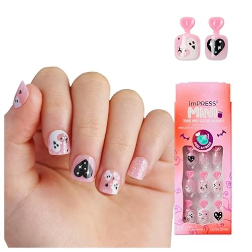 KISS imPRESS MINI Halloween Press On Nails for Kids, ‘Amazed’, Pink, Squoval, Mess-Free, Glow-In-The-Dark, Non-Toxic, Breakaway Application Tabs, Nail File, 20 Child Size Fake Nails