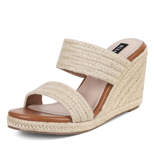 mikarka Slip On Wedge Sandals for Women Open Toe Espadrilles Platform Slides Dressy High Heel Beach Summer Sandal Comfortable Wedges Shoe Mules Natural Straw US Size 6