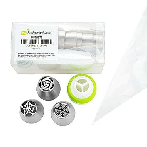 Pastry Tek Russian Piping Tips Set, 21 Piece Durable Cake Decorating Kit - 10 Piping Tips, 10 Piping Bags, Stainless Steel Piping Bags And Tips Set, 1 Tri-Color Coupler, - Restaurantware