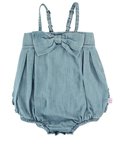 RuffleButts Baby Girls Bow Front Bubble Woven Romper - Light Wash Denim, 12-18m