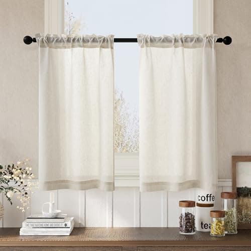 Cream Linen 36 Inch Length Kitchen Curtains Rod Pocket 2 Panels Set Privacy Light Filtering Semi Sheer Boho Small Curtains for Bathroom Window Neutral Sheer Short Drapes for Front Door RV Camper