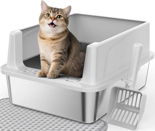 FURTIME Stainless Steel Cat Litter Box with Lid, Metal Kitty Litter Box for Small Cats, Kitten Litter Boxs with Scoop and Mat, Non-Sticky, Anti-Leakage, Easy to Clean, 17"x13"x8.4" (Small)