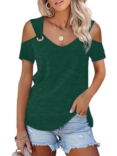 Bwnilimeizn Womens Cold Shoulder Tops Short Sleeve V Neck T Shirts Off Shoulder Basic Summer Casual Tees with O Ring Cute Loose Fit Trendy Asymmetrical Tops Concert Blouse Emerald Green M