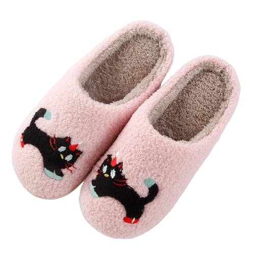 KWEVTSL Cute Cat Slippers – Plush Black Cat House Shoes for Women Men, Cozy Warm Fuzzy Indoor Non Slip Footwear Pink 4344