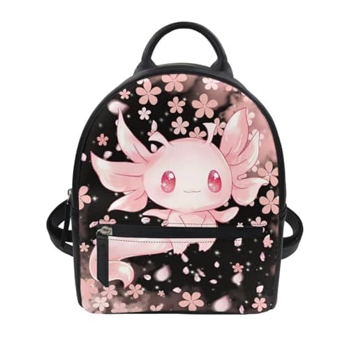 Showudesigns Cute Axolotl Backpacks Cherry Blossom Mini Backpack Purse for Women Teen Girls College School Travel Shoulder Bag Small Backpack Mini Purse Casual Rucksack Cute Back Pack Daypack
