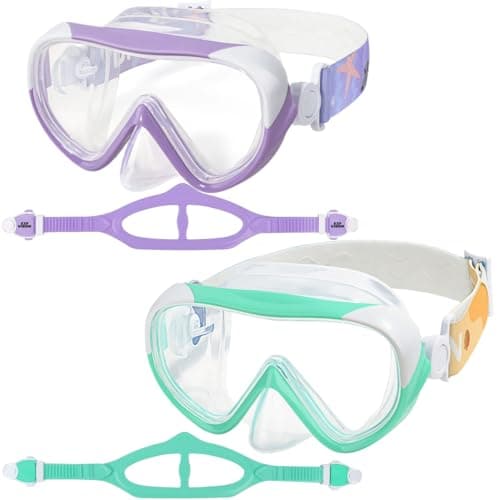 Kids Swim Mask - Ultimate 180° Kids Swim Goggles Anti-Fog Child Diving Mask Leak-Proof Kids Goggles with Nose Cover and Fabric Strap for Ages 4-14 for Swimming, Snorkeling Diving (Purple+Aqua 2PCS)