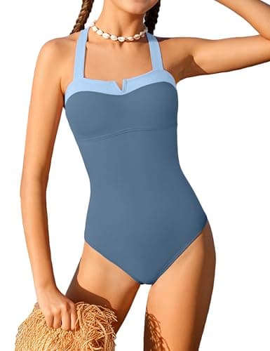 Shallmu Teen Swimsuits for Girls 14-16 Girls Swimsuit One Piece Color Block Sweetheart Neckline Adjustable Dual Cross Straps Swimwear Blue Bathing Suit for Teens