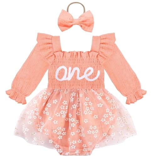 HONGTEYA Baby Girl 1st Birthday Outfit First Birthday Gifts Long Sleeve Tulle Dress One Year Old Bodysuit Clothes (US, Age, 12 Months, 18 Months, Orange Flower)