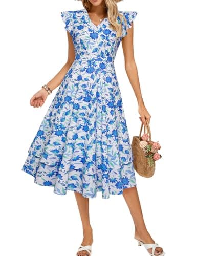 Floral Wedding Guest Dresses for Women Long Casual Boho Church Embroidered Blue Flowers Maxi Beach Vacation Sundresses M