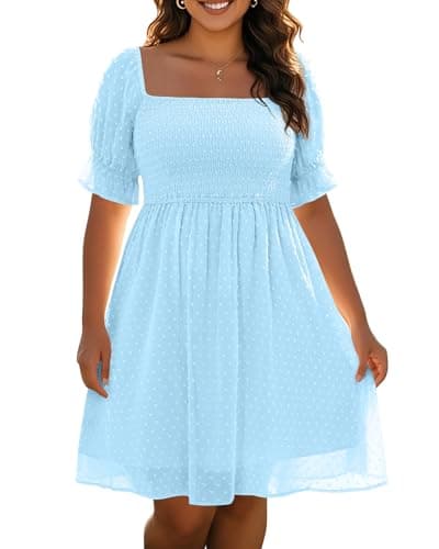 Pinup Fashion Plus Size Mini Skater Dress Puff Sleeve Square Neck Chiffon Swiss Dot Flowy Smocked, Light Blue, 14 Plus