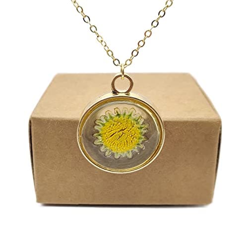 Cairui Design Sunflower Sunshine Daisy Real Pressed Flower Pendant 18k Gold Plated Necklace for Women Handmade
