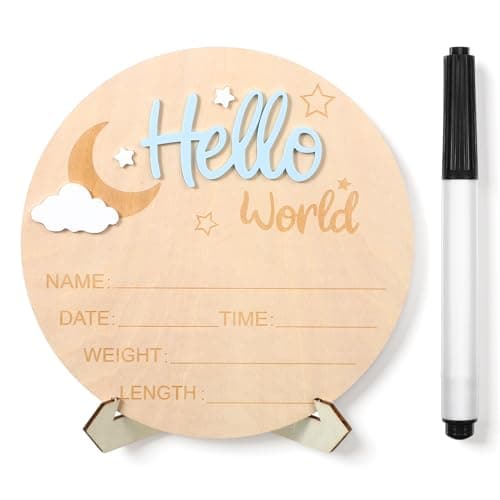 Hello World Newborn Birth Sign, 6 Inch Baby Announcement Sign, Welcome Baby Name Plaque Moon and White Cloud Decoration, Birth Announcement Signs and Pen for Home Hospital Nursery Newborn Gift(Blue)