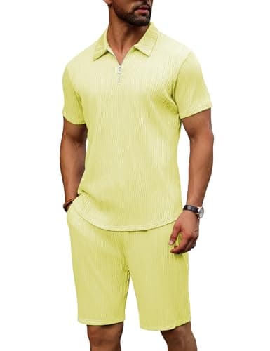 URRU Men's 2 Piece Short Set Summer Outfits Fashion Casual Short Sleeve Polo Shirt and Short Set (Yellow, Large)