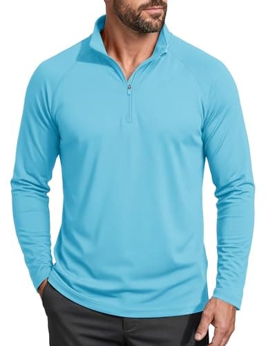 MAGCOMSEN Quarter Zip Pullover Men Long Sleeve Sun Shirts Hiking Fishing Gym Workout Running Rash Guard Shirt Ice Blue