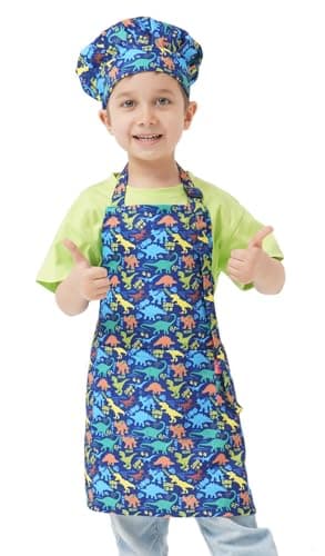 ALIPOBO Kids Apron and Hat Set (Dinosaur Blue, 6-12 Years)