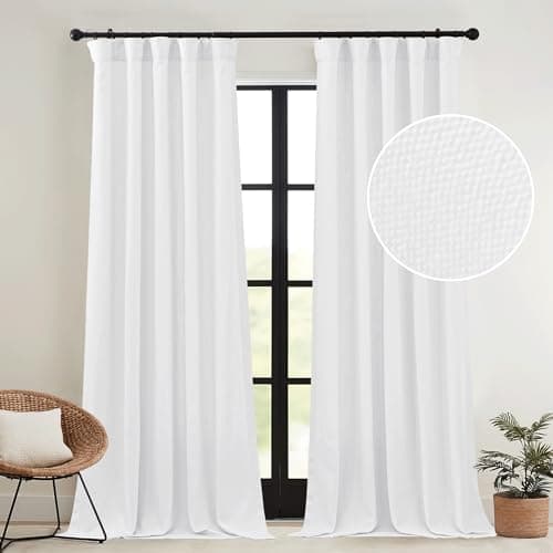 RYB HOME White Linen Curtains 108 inch, Light Filtering Privacy Thick Faux Linen Weave Textured Pinch Pleated Window Decor for Bedroom Home Office, W 52 x L 108 inch, 2 Panels Set