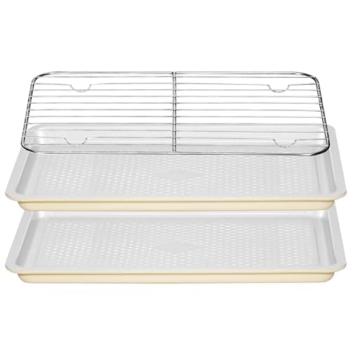 Ymiton Nonstick Ceramic Baking Sheet with Rack, 2-Pack 13x9 Quarter Sheet Pan,(External 10x14), Non-Toxic PTFE & PFOA Free Warp-Free Oven Safe 550°F Dishwasher Safe, Aluminized Steel, Gray Yellow