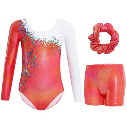 Gogokids Gymnastics Leotards for Girls Long Sleeve Sparkly Rhinestone Dance Unitard with Shorts & Scrunchie Activewear, B-red, 3-4T, 100