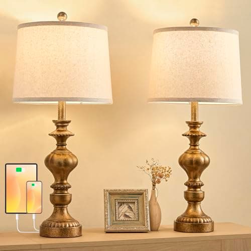 SAIWEYA 27.5" Farmhouse Table Lamps Set of 2 Bedside Nightstand Lamp with USB C+A Ports & AC Outlet, 3 Way Dimmable Lamps for Bedroom Living Room Office Rustic Lamp