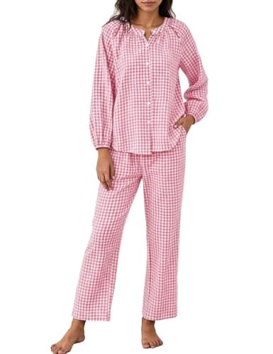 Flygo Womens Gingham Pajama Set 2 Piece Cotton Plaid Raglan Sleeve Button Top Straight Leg Pants Pjs Y2K Lounge Set Sleepwear(Pink-XL)