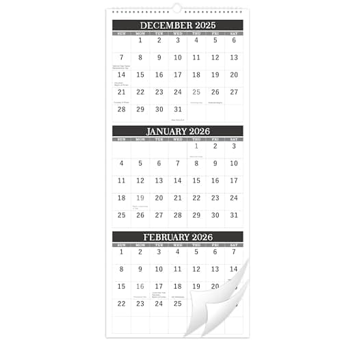 2026 Wall Calendar - 3-Month Wall Calendar Display (Folded in a Month), Jan. 2026 - Dec. 2026, 11.25" x 26", 2026 Calendar - Classic Black