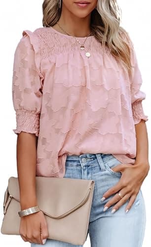 Dokotoo Women's Cute Tops 2026 Summer Crew Neck Flowy Ruffle Half Sleeve Shirred Blouses Floral Textured Babydoll Shirts Casual Loose Pink T Shirts Medium