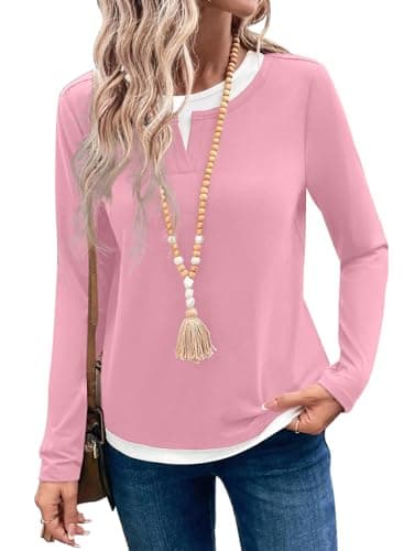 SHEWIN Womens Tops Casual Fashion Trendy Long Sleeve Shirts for Women Fall Clothes Crewneck T Shirts Business Casual Outfits Pink XX-Large