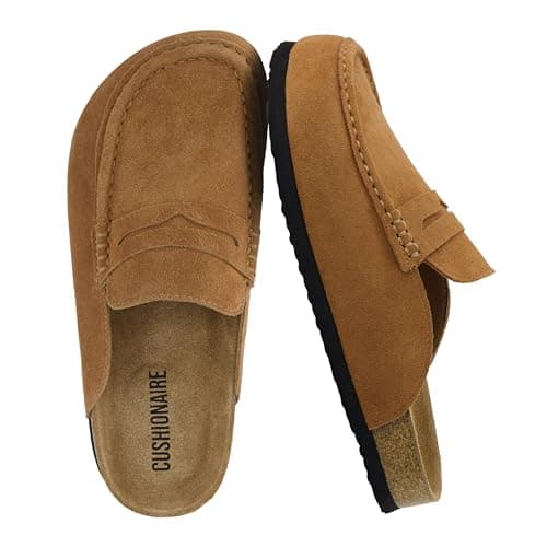 CUSHIONAIRE Fondu Genuine Leather Mule Clogs for Women, Comfortable Slip On Womens Shoes with Penny Strap Accent and Memory Foam Footbed, Cognac 11