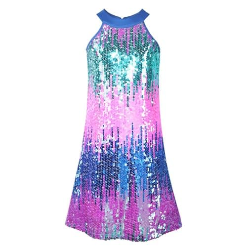 WELAKEN Girls Ombre Sequin Dress for Kid Sparkly Halter Neck Sleeveless Gradient Party Prom Dress