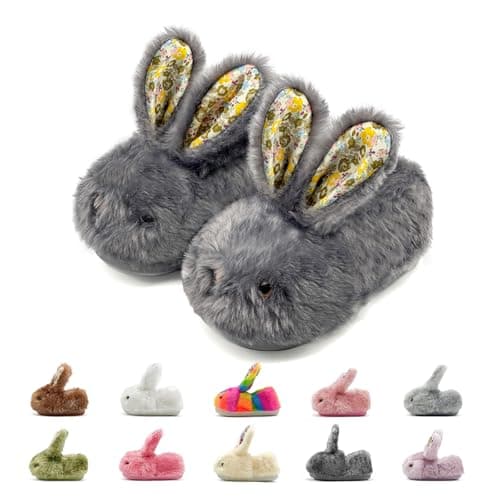 rosyclo Toddler Slippers Boy and Girl Bunny Slippers Long Plush Non-Slip Super Warm Animal Slippers, Suitable for Indoor and Outdoor Kids Slippers Dark Gray Big Kid 1